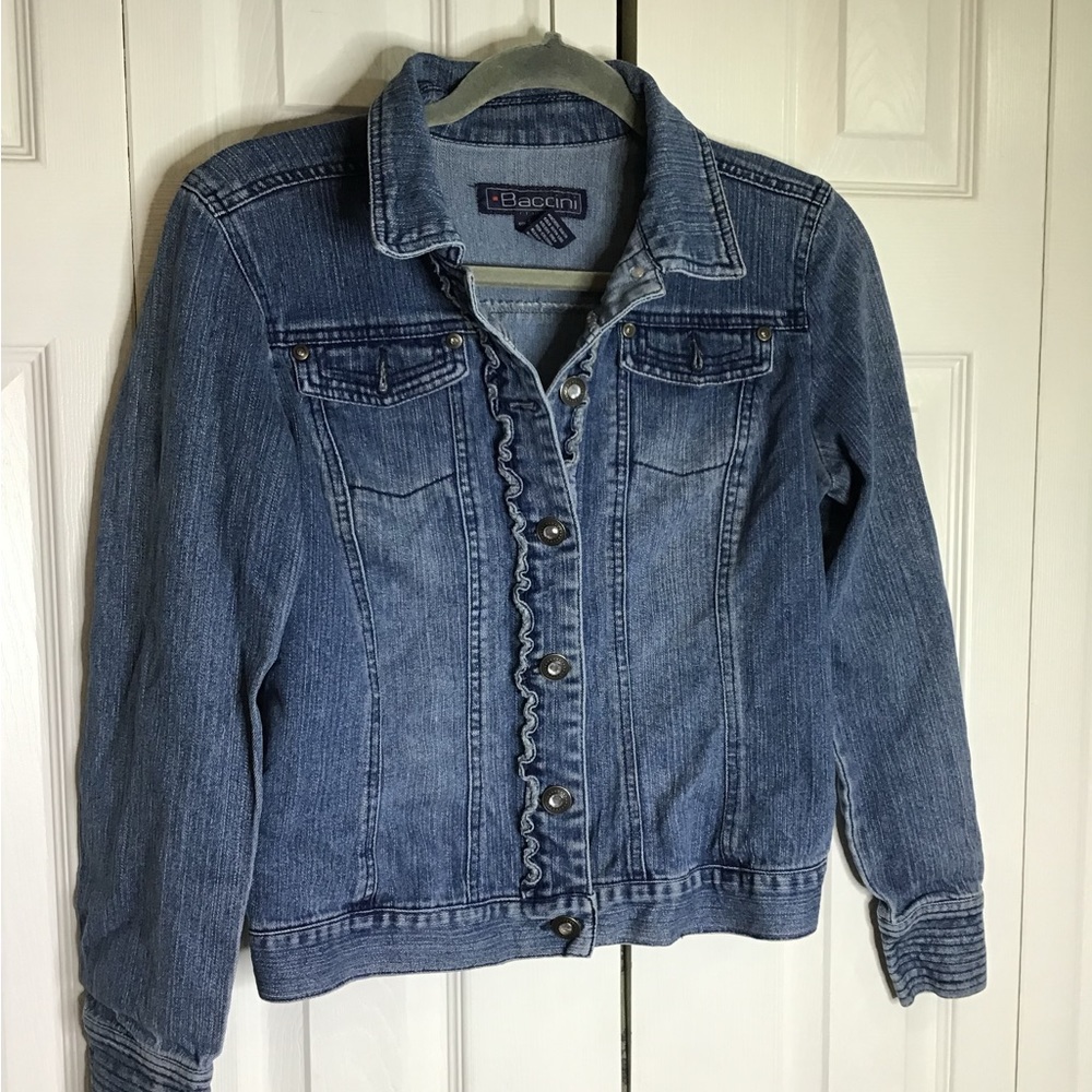Baccini Womens Sz Small Denim Blue Jean Jacket Rhinestone Buttons Ruffle